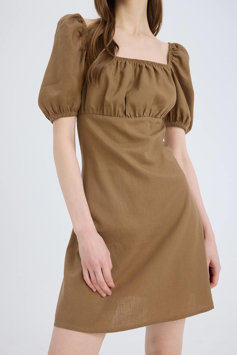 DeFacto Brown Woman Square Collar Linen Blended Mini Dress Casual - Image 3